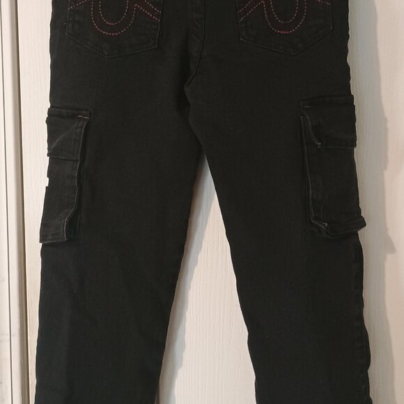 True Religion Cargo Jeans Kids 7 Black Denim Logo Pants Adjustable Waist - Picture 3 of 10